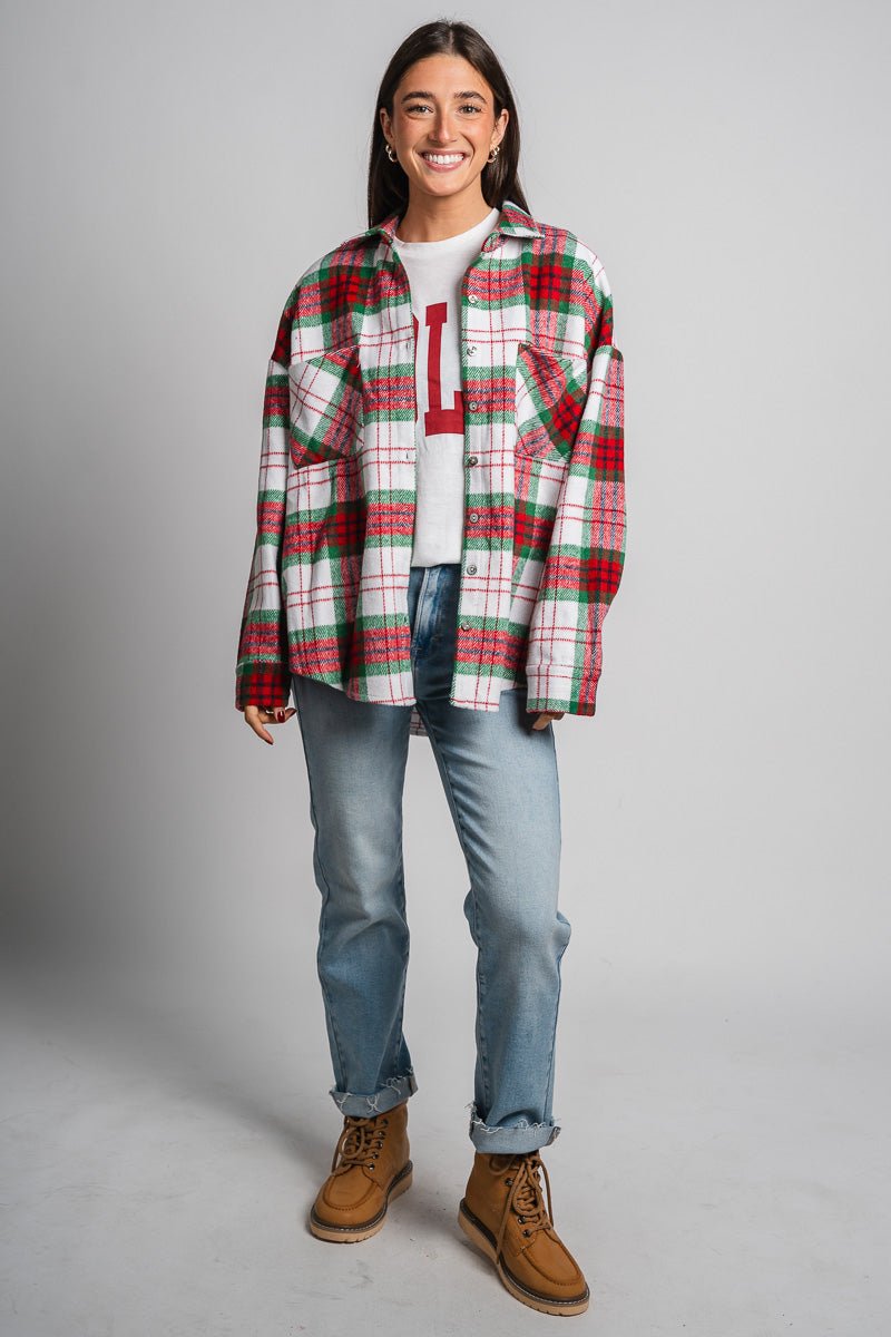 Plaid shacket red/green – Fashionable Jackets | Trendy Blazers at Lush Fashion Lounge Boutique in Oklahoma City