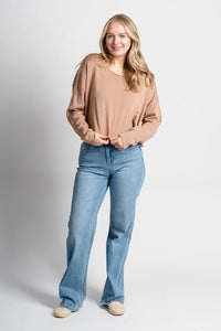Boat neck sweater dark taupe – Unique Sweaters | Lounging Sweaters and Womens Fashion Sweaters at Lush Fashion Lounge Boutique in Oklahoma City