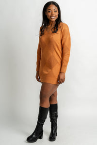 Diamond print sweater dress rust - Trendy Sweaters | Cute Pullover Sweaters at Lush Fashion Lounge Boutique in Oklahoma City