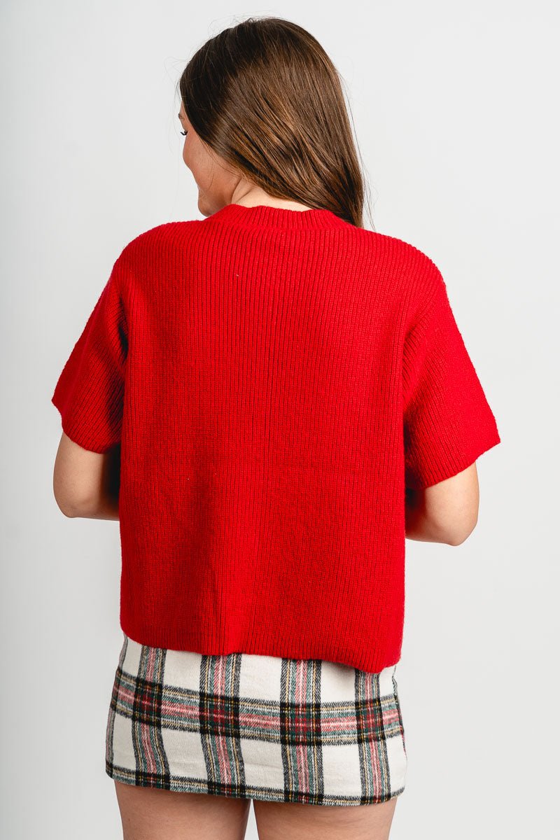 Short sleeve sweater caridgan red