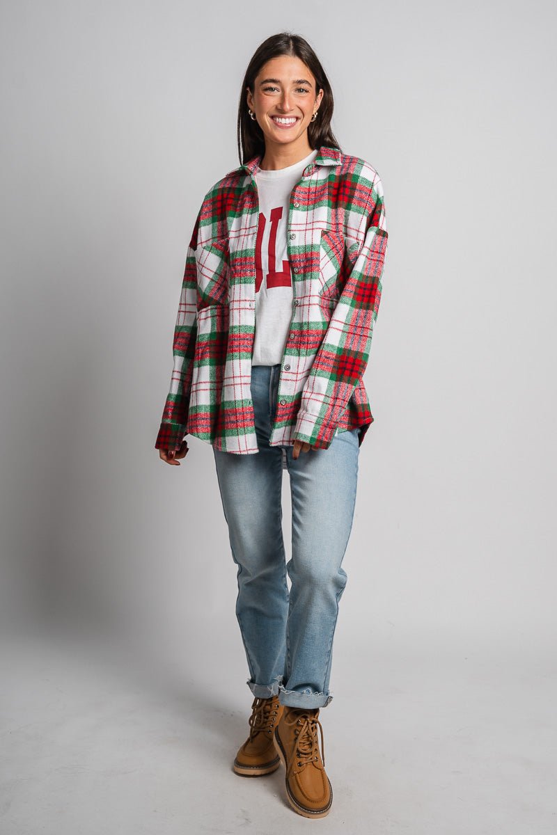 Plaid shacket red/green – Unique Blazers | Cute Blazers For Women at Lush Fashion Lounge Boutique in Oklahoma City