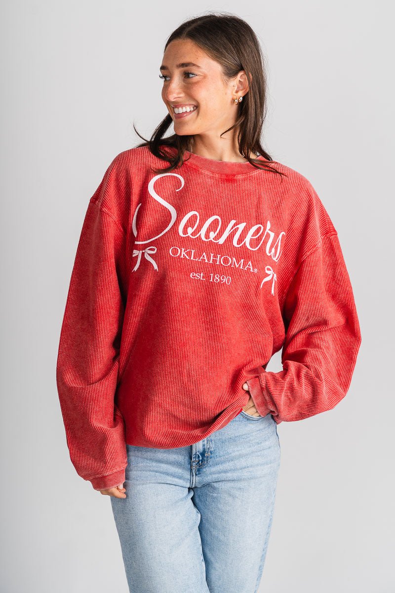 OU OU Sooners bows corded sweatshirt red Sweatshirt | Lush Fashion Lounge Trendy Oklahoma University Sooners Apparel & Cute Gameday T-Shirts