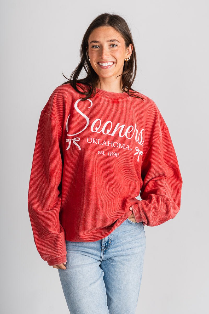 OU OU Sooners bows corded sweatshirt red Sweatshirt | Lush Fashion Lounge Trendy Oklahoma University Sooners Apparel & Cute Gameday T-Shirts