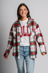 Plaid shacket red/green – Affordable Blazers | Cute Black Jackets at Lush Fashion Lounge Boutique in Oklahoma City