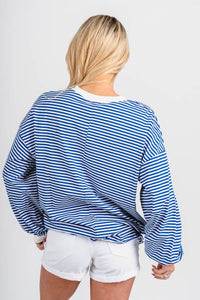 Oversized striped long sleeve top blue - Vintage OKC Basketball T-Shirts at Lush Fashion Lounge Boutique in Oklahoma City