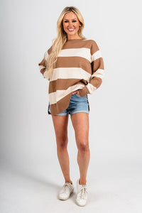 Striped long sleeve sweater tan - Trendy Sweaters | Cute Pullover Sweaters at Lush Fashion Lounge Boutique in Oklahoma City