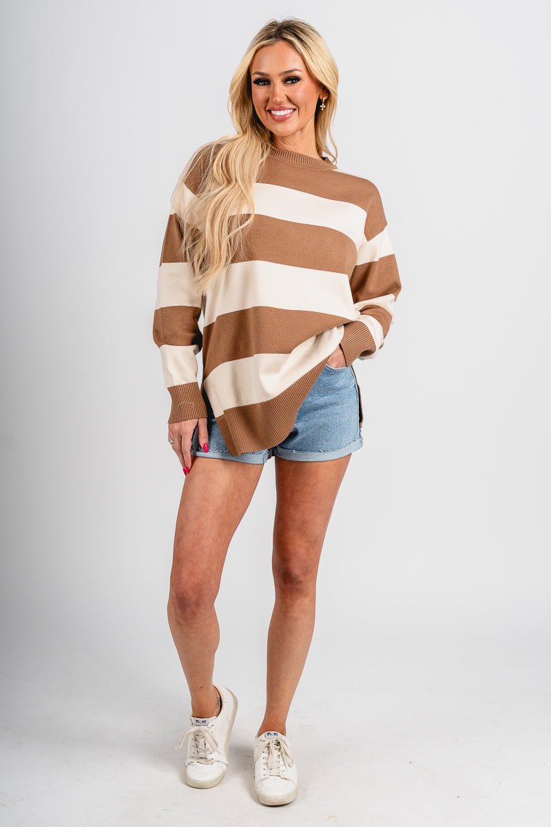 Striped long sleeve sweater tan – Unique Sweaters | Lounging Sweaters and Womens Fashion Sweaters at Lush Fashion Lounge Boutique in Oklahoma City