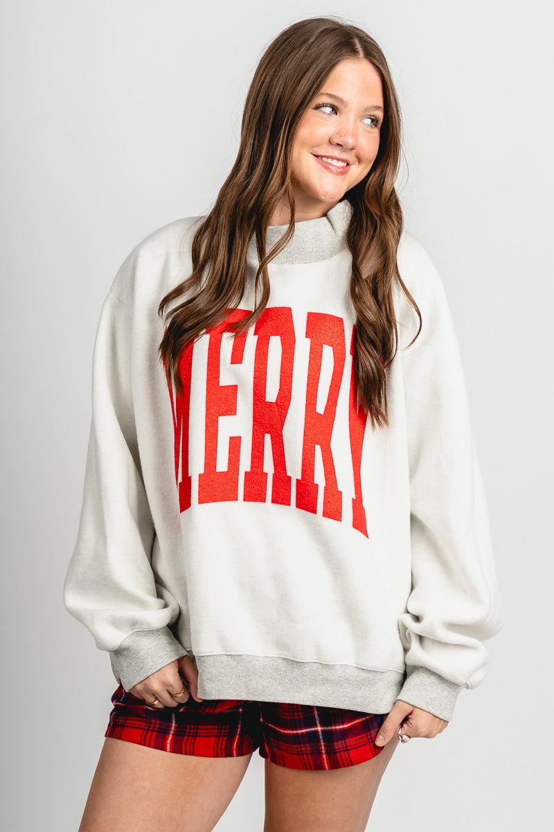 Merry tall boy reversible mock neck sweatshirt grey - Trendy Holiday Apparel at Lush Fashion Lounge Boutique in Oklahoma City