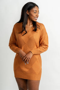 Diamond print sweater dress rust - Affordable dress - Boutique Dresses at Lush Fashion Lounge Boutique in Oklahoma City