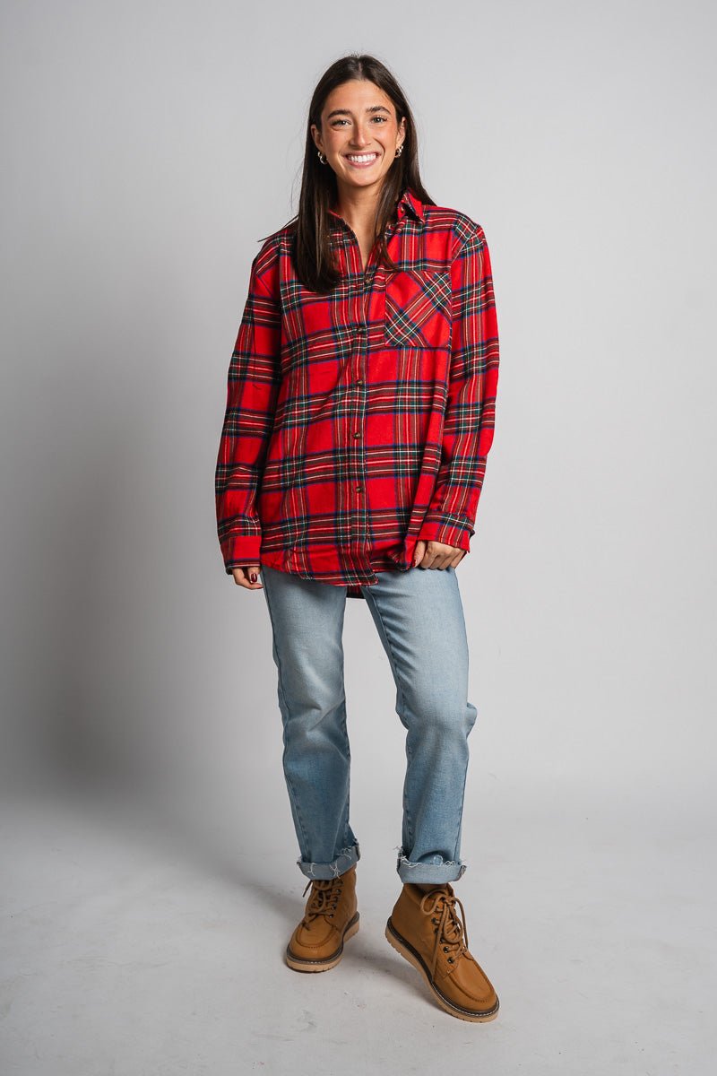 Plaid button down shirt red - Exclusive Collection of Holiday Inspired T-Shirts and Hoodies at Lush Fashion Lounge Boutique in Oklahoma City