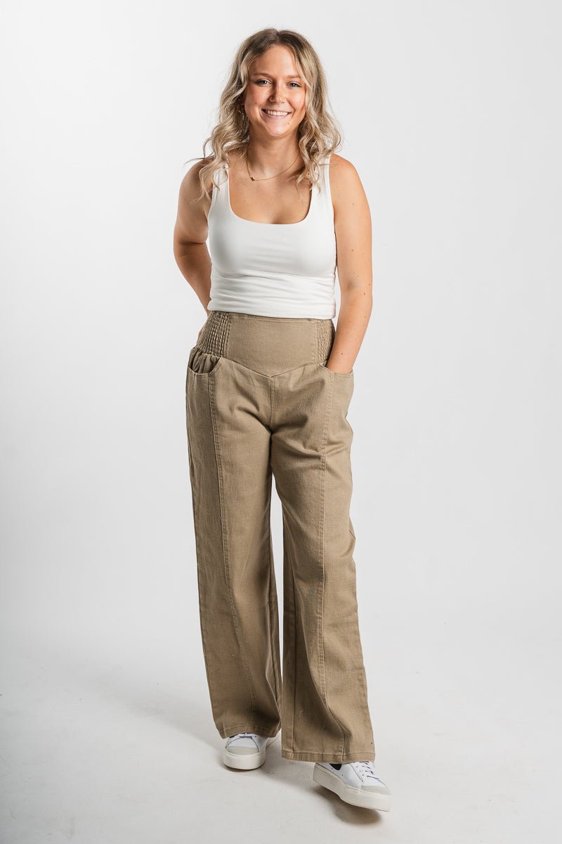 Smocked high waist pants taupe | Lush Fashion Lounge: women's boutique pants, boutique women's pants, affordable boutique pants, women's fashion pants