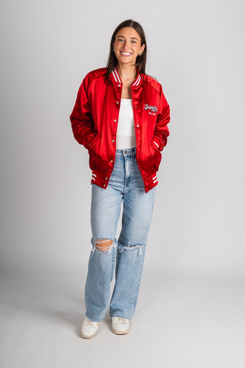 OU OU Sooners embroidered varsity jacket red Jacket | Lush Fashion Lounge Trendy Oklahoma University Sooners Apparel & Cute Gameday T-Shirts