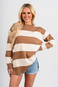 Striped long sleeve sweater tan – Boutique Sweaters | Fashionable Sweaters at Lush Fashion Lounge Boutique in Oklahoma City