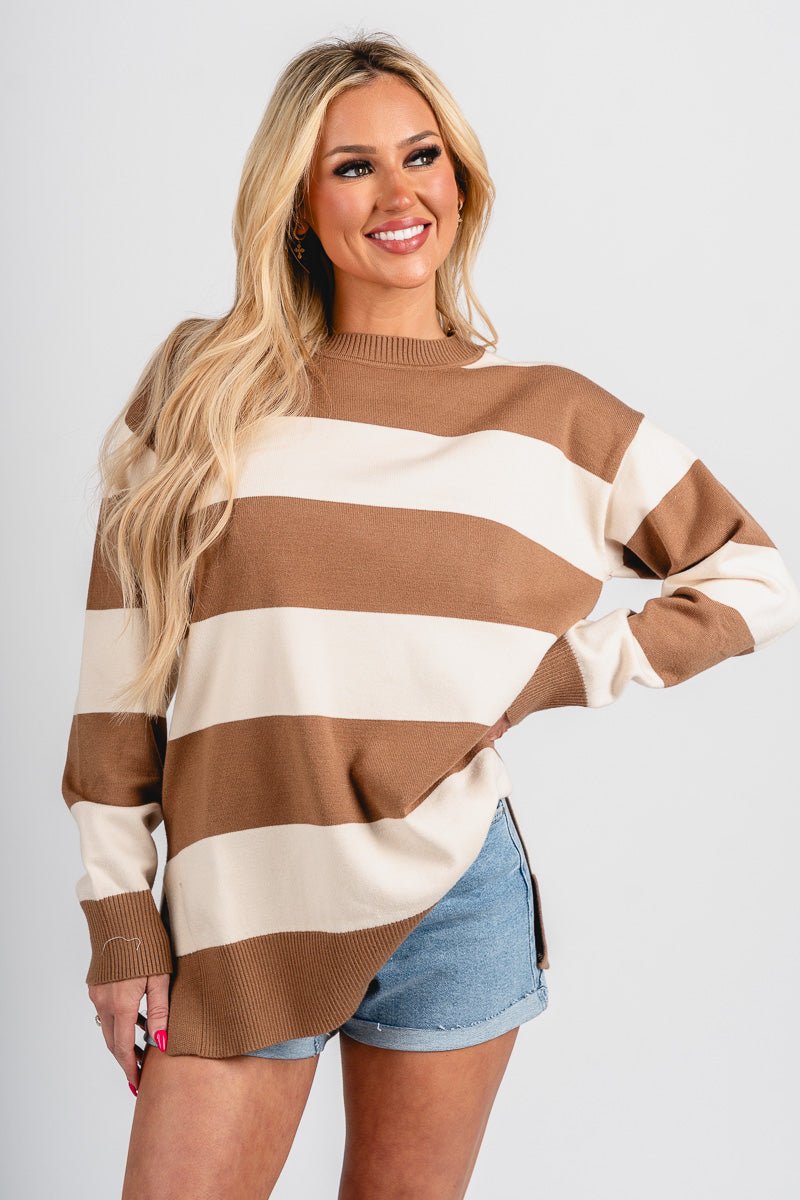 Striped long sleeve sweater tan – Stylish Sweaters | Boutique Sweaters at Lush Fashion Lounge Boutique in Oklahoma City