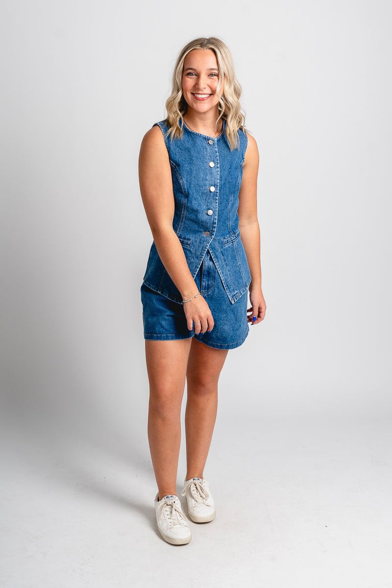 Pleated denim shorts blue