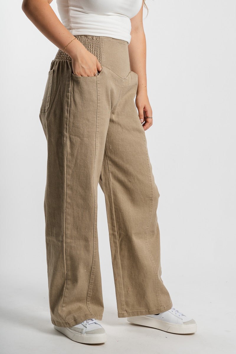 Smocked high waist pants taupe | Lush Fashion Lounge: women's boutique pants, boutique women's pants, affordable boutique pants, women's fashion pants