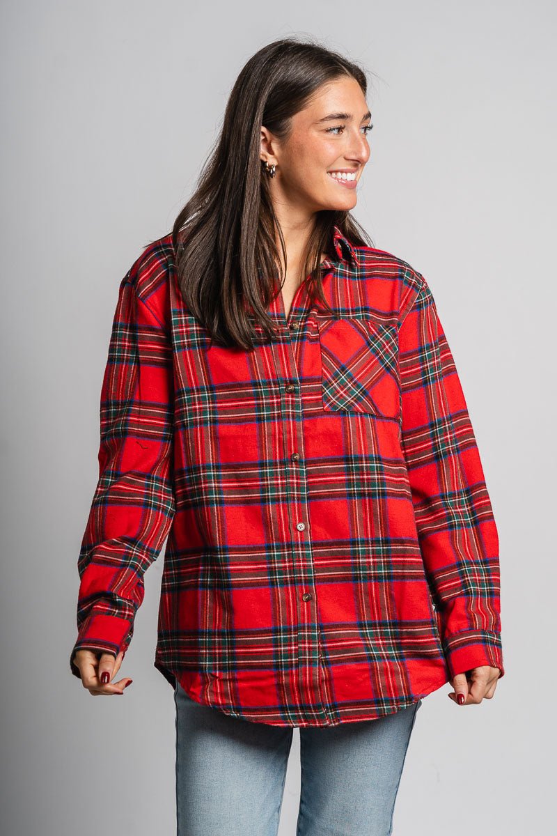 Plaid button down shirt red - Trendy Holiday Apparel at Lush Fashion Lounge Boutique in Oklahoma City