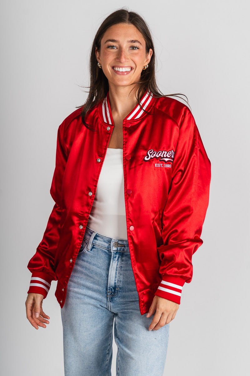 OU OU Sooners embroidered varsity jacket red Jacket | Lush Fashion Lounge Trendy Oklahoma University Sooners Apparel & Cute Gameday T-Shirts