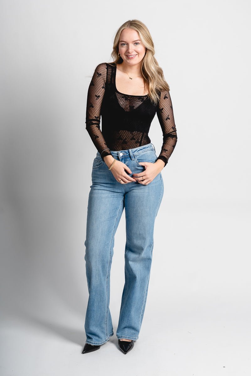 Bow mesh bodysuit black - Trendy Bodysuit - Fashion Bodysuits at Lush Fashion Lounge Boutique in Oklahoma City