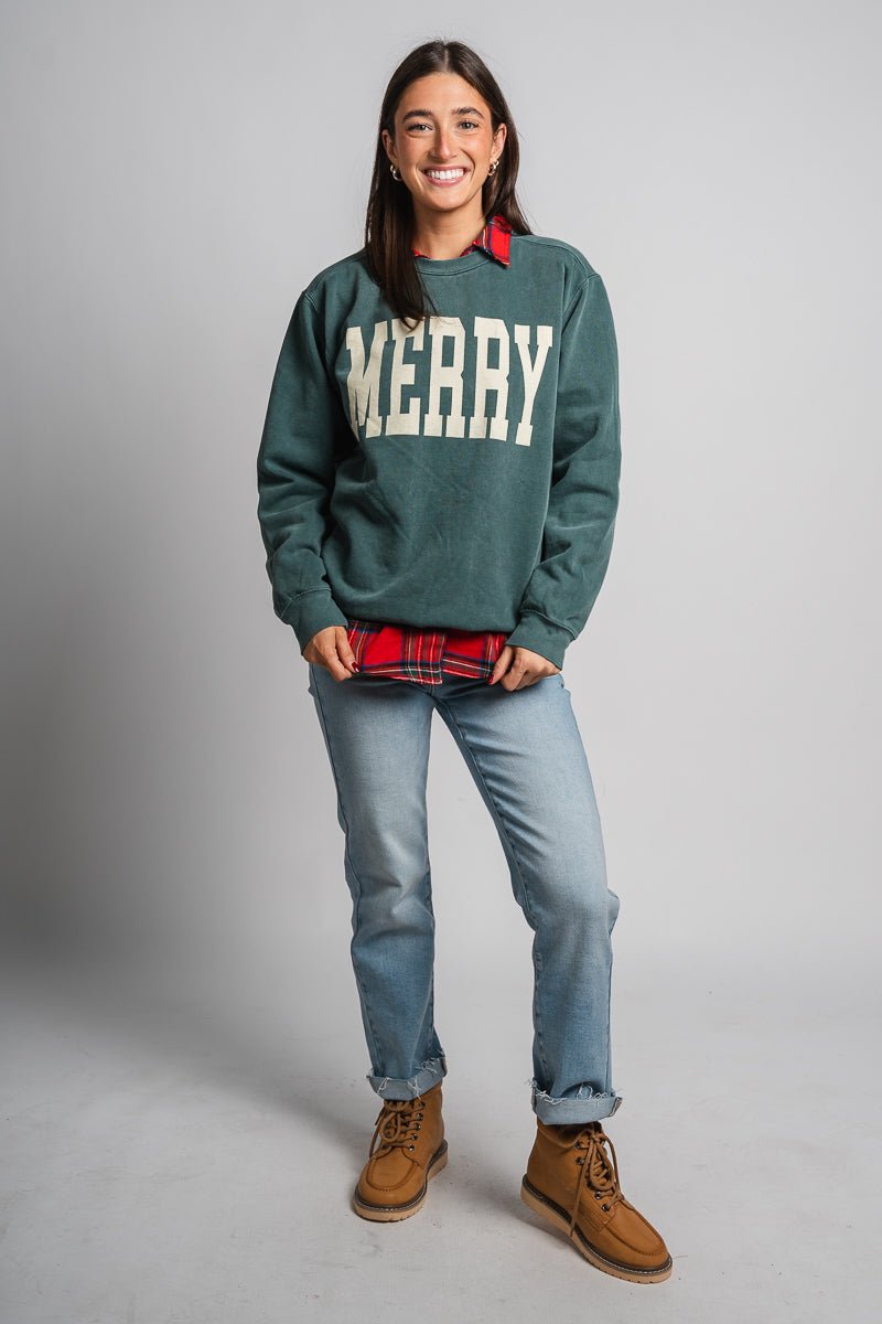 Merry XL comfort color sweatshirt blue spruce - Exclusive Collection of Holiday Inspired T-Shirts and Hoodies at Lush Fashion Lounge Boutique in Oklahoma City