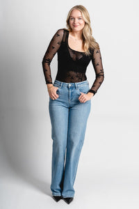 Bow mesh bodysuit black Stylish Bodysuit - Womens Fashion Bodysuits at Lush Fashion Lounge Boutique in Oklahoma City