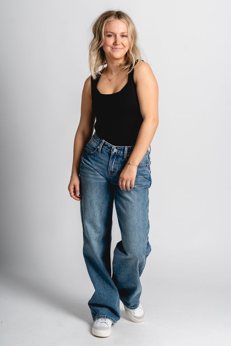 Just USA low rise relaxed fit jeans medium denim | Lush Fashion Lounge: boutique women's jeans, fashion jeans for women, affordable fashion jeans, cute boutique jeans