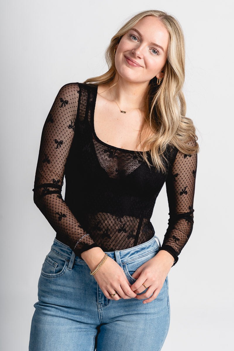 Bow mesh bodysuit black - Cute Bodysuit - Trendy Bodysuits at Lush Fashion Lounge Boutique in Oklahoma City