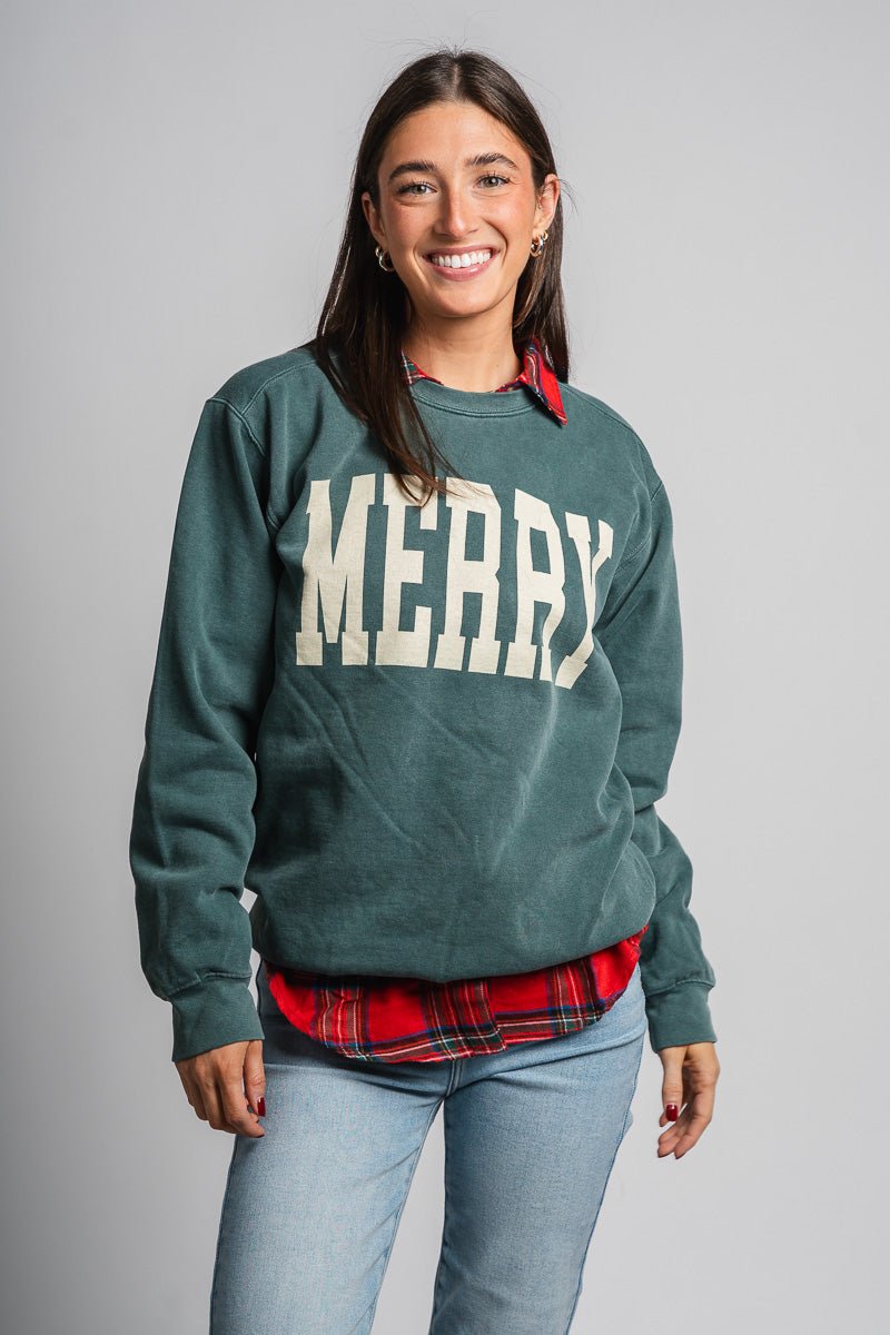 Merry XL comfort color sweatshirt blue spruce - Trendy Holiday Apparel at Lush Fashion Lounge Boutique in Oklahoma City