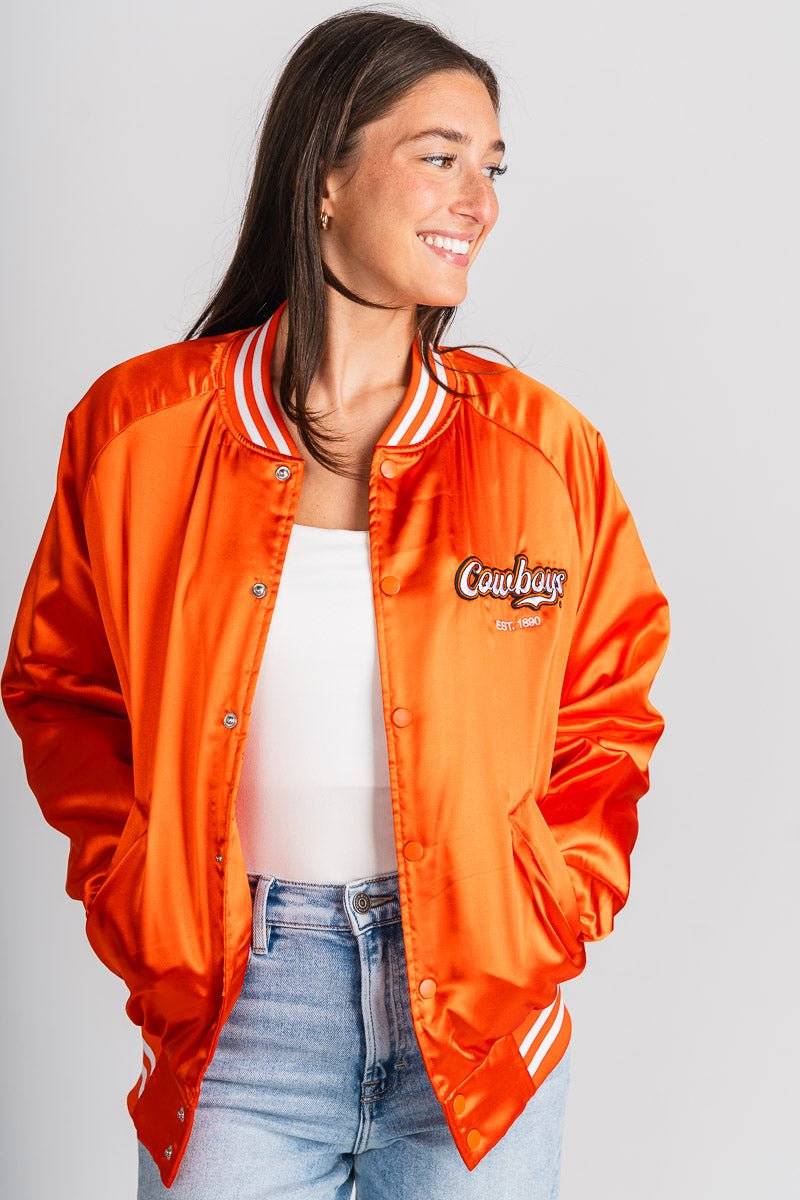 OSU OSU Cowboys embroidered varsity jacket orange Jacket | Lush Fashion Lounge Trendy Oklahoma State Cowboys Apparel & Cute Gameday T-Shirts