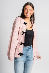 Velvet bow sweater cardigan blush - Cute Sweater - Trendy Cardigans & Stylish Kimonos at Lush Fashion Lounge Boutique in Oklahoma City