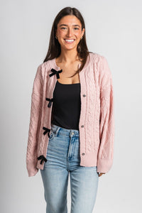 Velvet bow sweater cardigan blush - Affordable Sweater - Boutique Cardigans & Trendy Kimonos at Lush Fashion Lounge Boutique in Oklahoma City