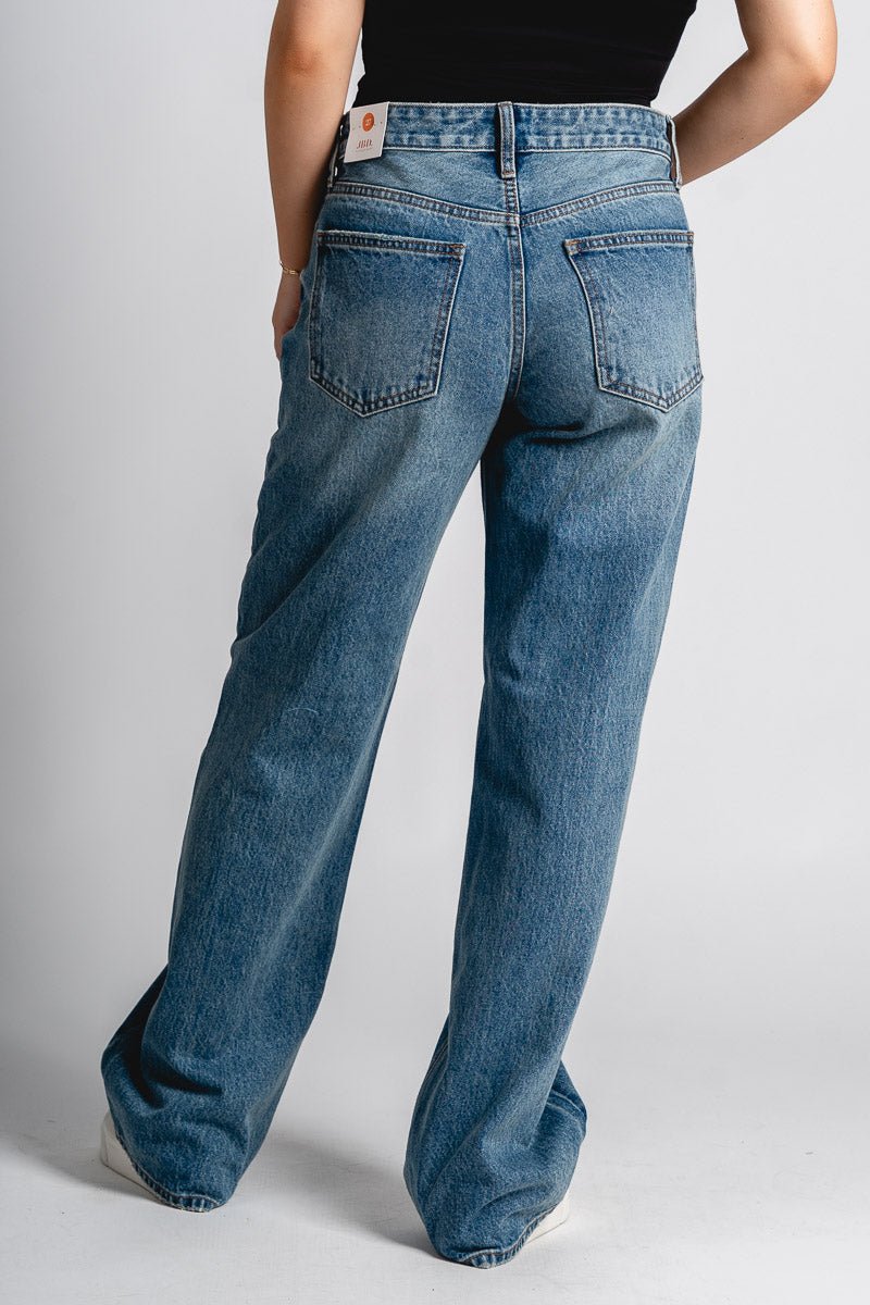 Just USA low rise relaxed fit jeans medium denim | Lush Fashion Lounge: boutique women's jeans, fashion jeans for women, affordable fashion jeans, cute boutique jeans