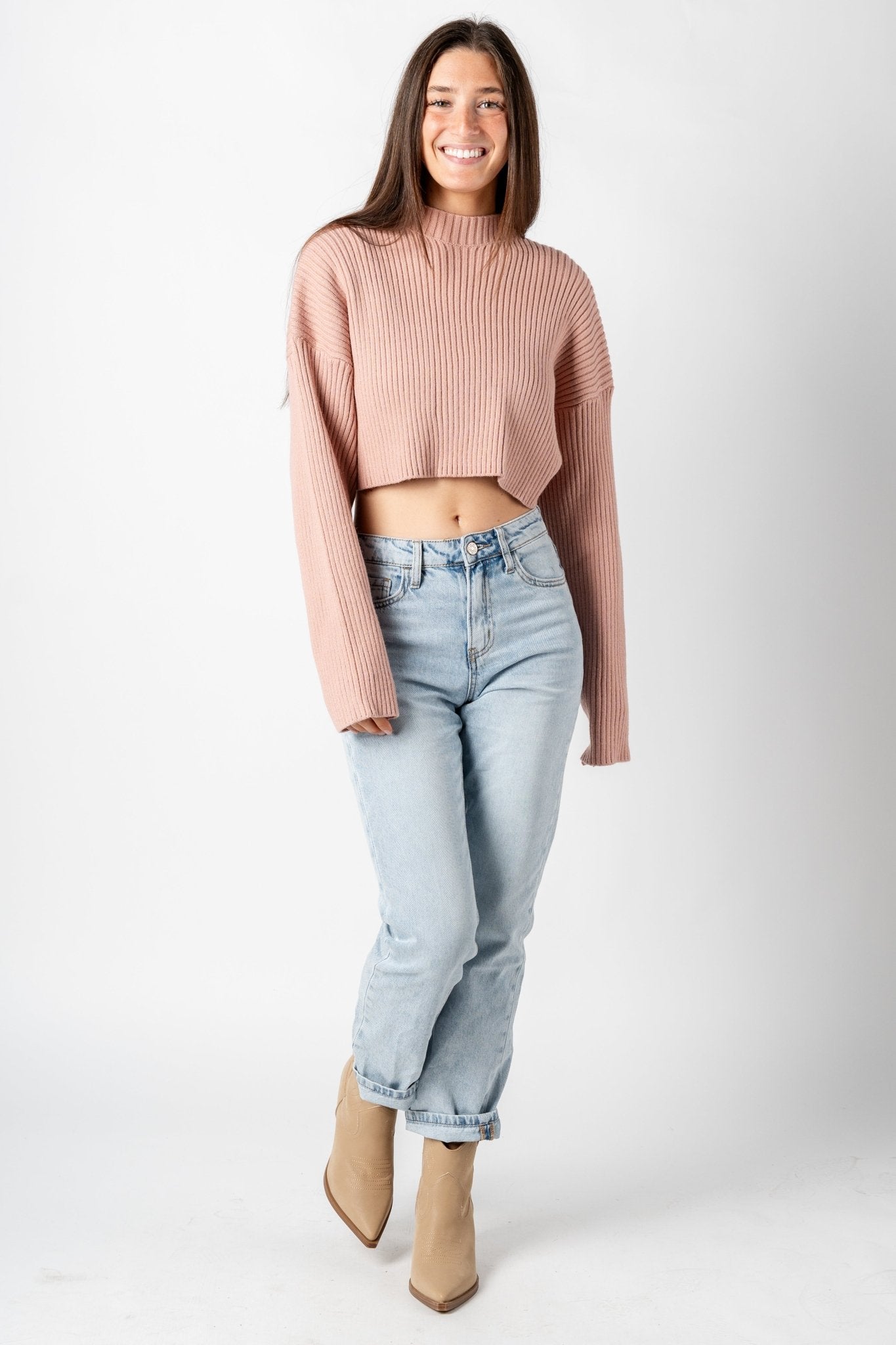 Long sleeve ribbed crop sweater dusty rose - Trendy Sweaters | Cute Pullover Sweaters at Lush Fashion Lounge Boutique in Oklahoma City