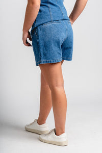 Pleated denim shorts blue Stylish shorts - Womens Fashion Shorts at Lush Fashion Lounge Boutique in Oklahoma City