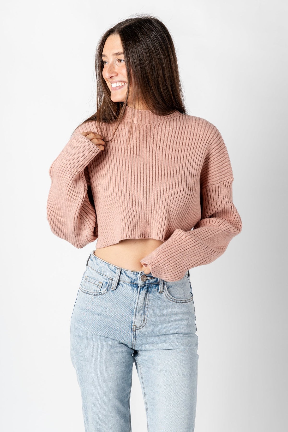 Long sleeve ribbed crop sweater dusty rose – Boutique Sweaters | Fashionable Sweaters at Lush Fashion Lounge Boutique in Oklahoma City