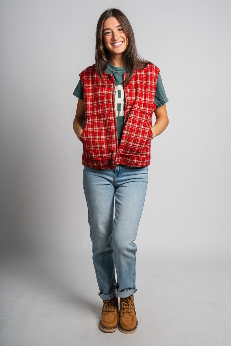 Plaid zip vest red - Exclusive Collection of Holiday Inspired T-Shirts and Hoodies at Lush Fashion Lounge Boutique in Oklahoma City