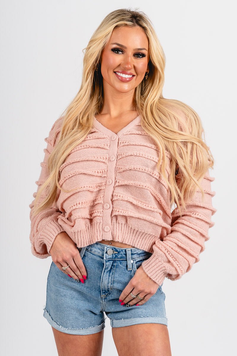 Layered ruffle sweater blush - Cute top - Trendy Cardigans & Stylish Kimonos at Lush Fashion Lounge Boutique in Oklahoma City