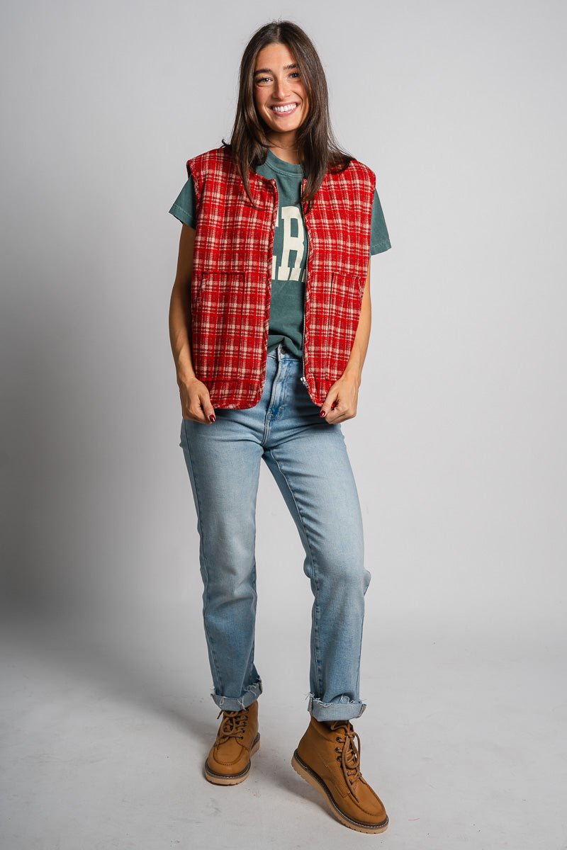 Plaid zip vest red