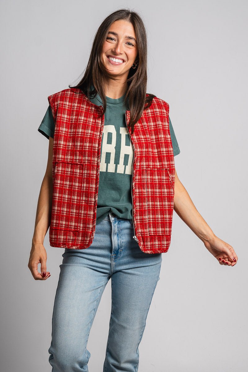 Plaid zip vest red