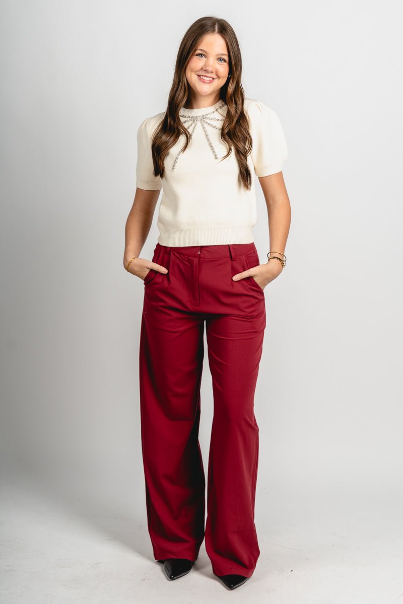 High rise pleated trouser pants burgundy | Lush Fashion Lounge: women's boutique pants, boutique women's pants, affordable boutique pants, women's fashion pants