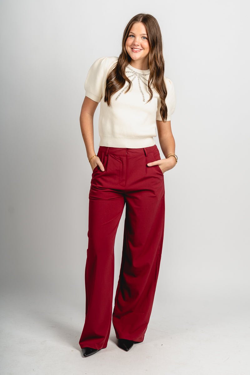 High rise pleated trouser pants burgundy | Lush Fashion Lounge: women's boutique pants, boutique women's pants, affordable boutique pants, women's fashion pants