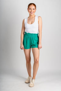 Ruffle waist shorts jade Stylish shorts - Womens Fashion Shorts at Lush Fashion Lounge Boutique in Oklahoma City