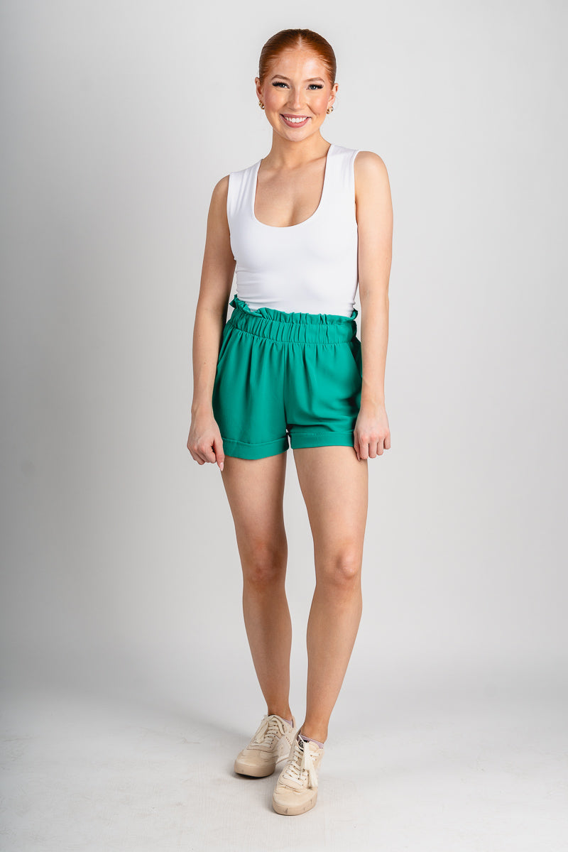 Ruffle waist shorts jade Stylish shorts - Womens Fashion Shorts at Lush Fashion Lounge Boutique in Oklahoma City