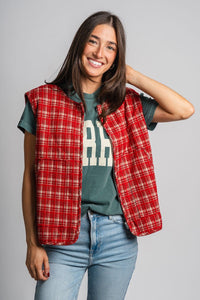 Plaid zip vest red - Trendy Holiday Apparel at Lush Fashion Lounge Boutique in Oklahoma City