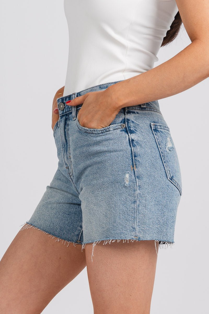 Hidden high waist boyfriend shorts light blue - Trendy Shorts - Cute Vacation Collection at Lush Fashion Lounge Boutique in Oklahoma City