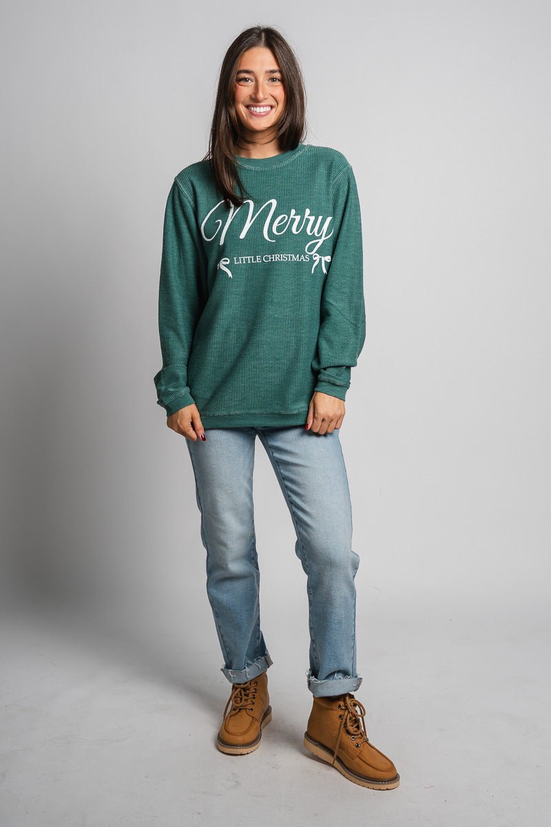 Merry bows corded sweatshirt green - Exclusive Collection of Holiday Inspired T-Shirts and Hoodies at Lush Fashion Lounge Boutique in Oklahoma City