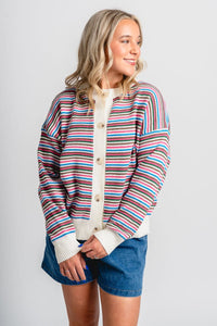 Striped sweater cardigan white/multi - Cute Cardigan - Trendy Cardigans & Stylish Kimonos at Lush Fashion Lounge Boutique in Oklahoma City