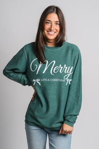 Merry bows corded sweatshirt green - Trendy Holiday Apparel at Lush Fashion Lounge Boutique in Oklahoma City