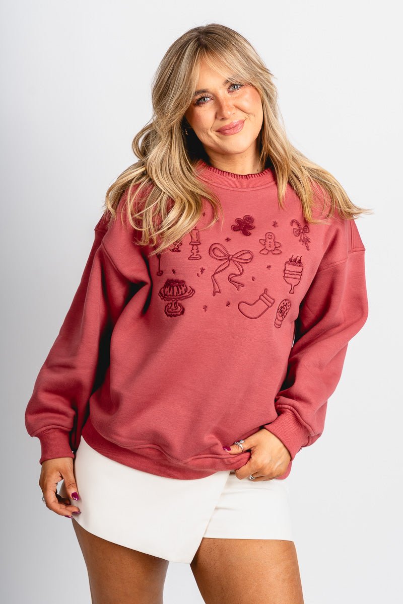 Christmas embroidered sweatshirt brick - Trendy Holiday Apparel at Lush Fashion Lounge Boutique in Oklahoma City