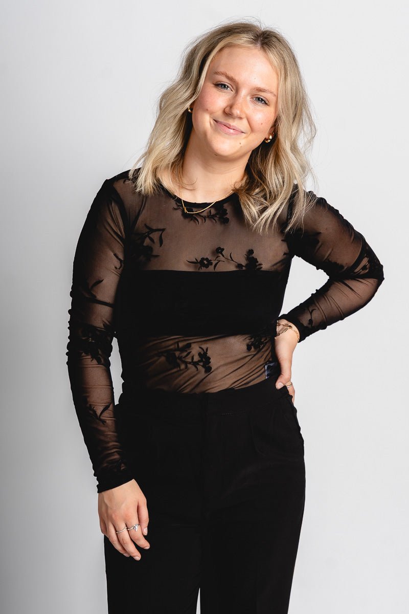 Floral lace bodysuit black - Cute Bodysuit - Trendy Bodysuits at Lush Fashion Lounge Boutique in Oklahoma City